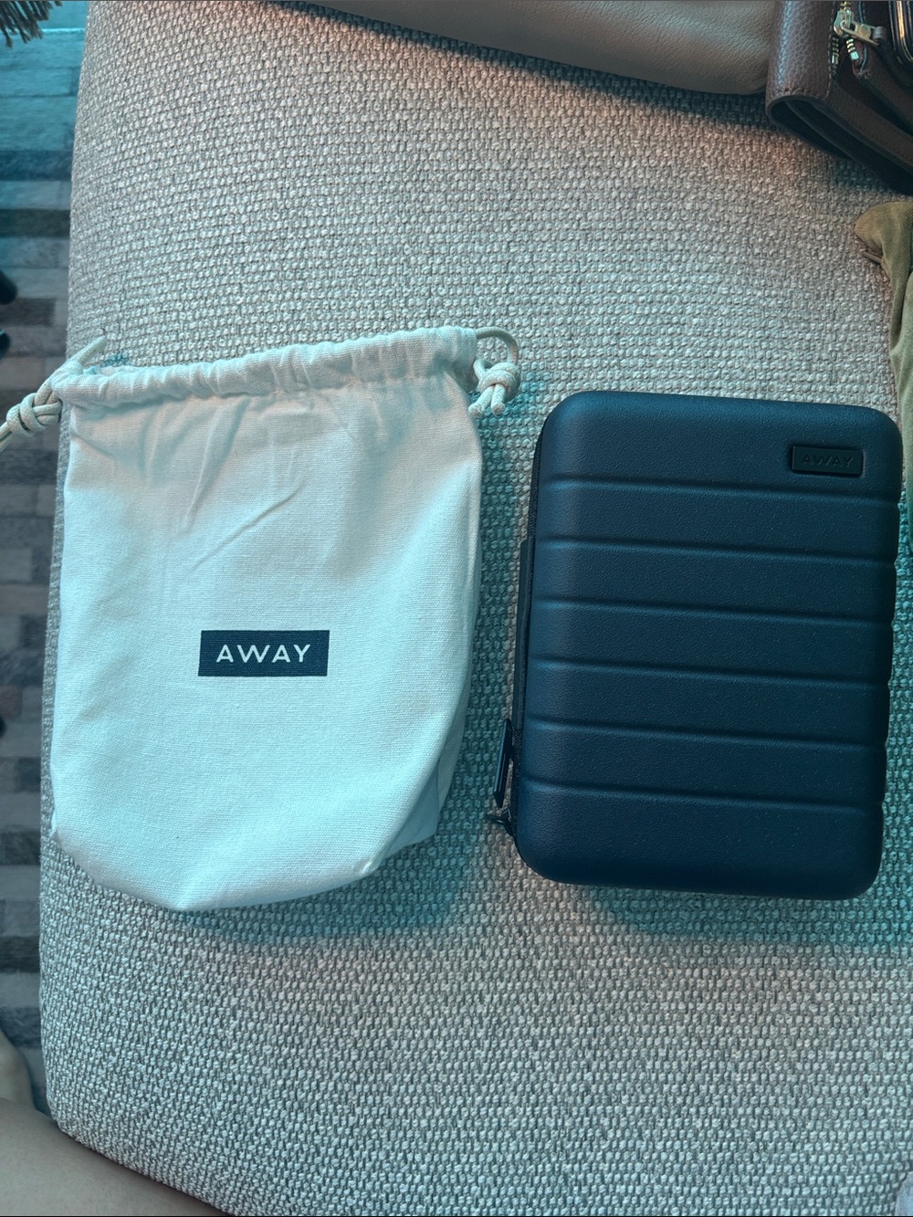 Brand New Away Blue Hard Shell Toiletry Travel Case with Drawstring Dust Pouch